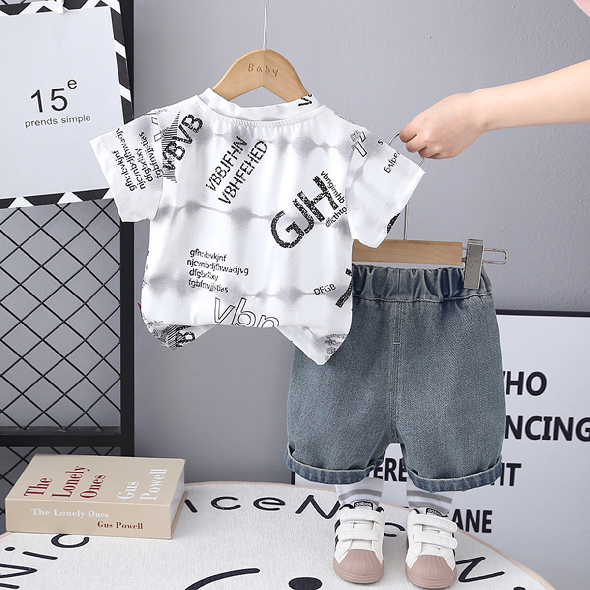 Boys White Typography Printed T-Shirt With Denim Shorts Set 2 pc. Sets