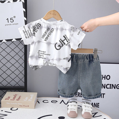 Boys White Typography Printed T-Shirt With Denim Shorts Set 2 pc. Sets