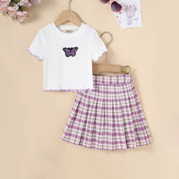 Girls Pink Butterfly Applique Short Sleeves T-Shirt With Pleated Skirt Set 2 pc. Sets Pink 5-6 Y