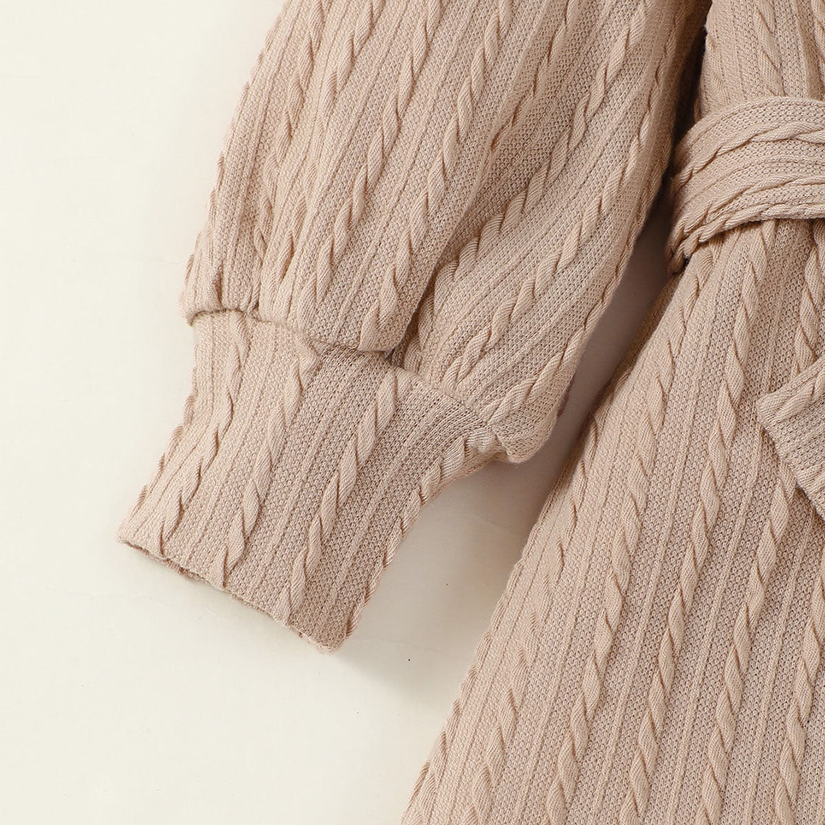 Girls Light Brown Textured Full Sleeves Dress with Matching Belt Casual Dresses