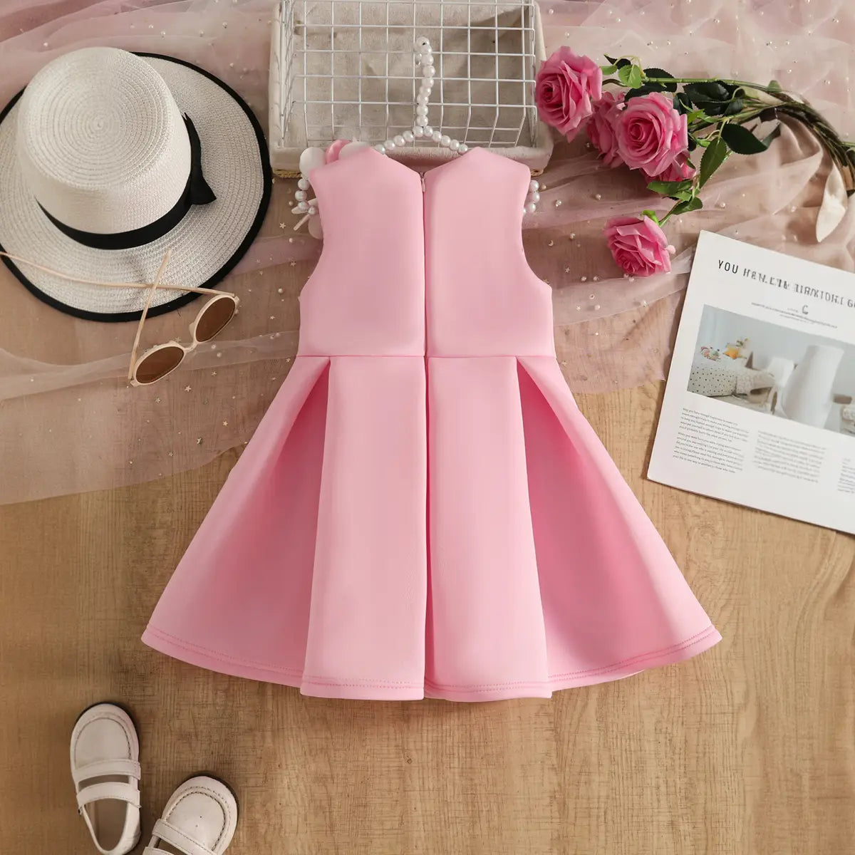 Girls Pink Sleeveless Fit & Flare Party Wear Dress With Delicate Floral Appliques Party Dresses