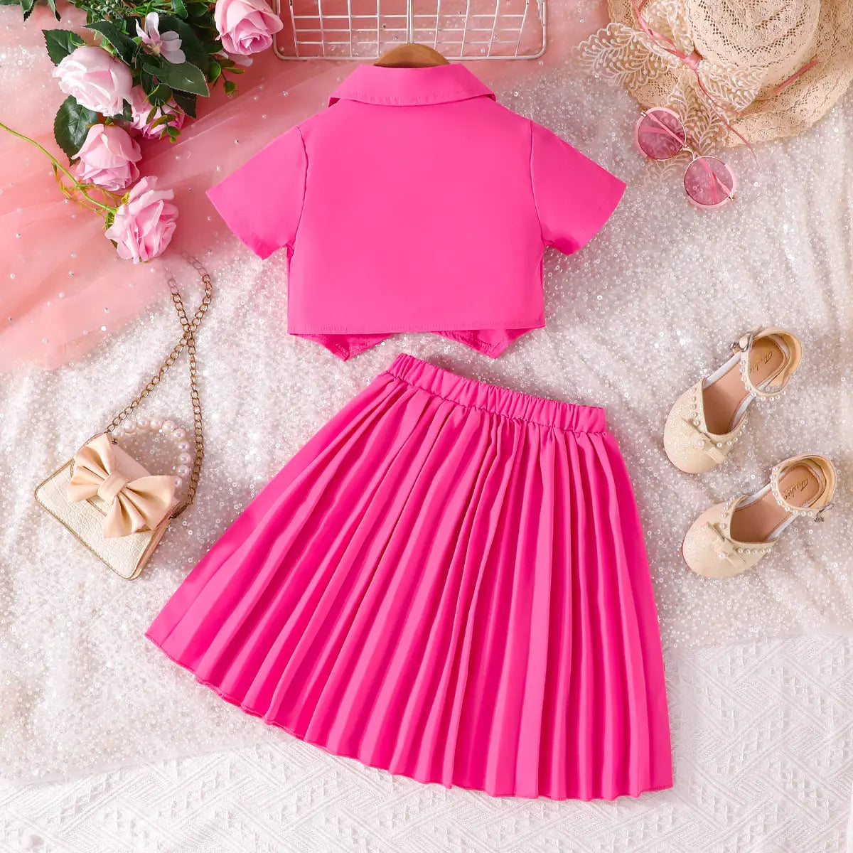 Girls Pink Double-Breasted Blazer Crop Top With Pleated Skirt Co-ord Sets Sets