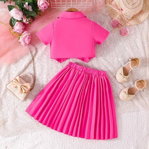 Girls Pink Double-Breasted Blazer Crop Top With Pleated Skirt Co-ord Sets Sets