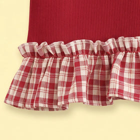 Girls Red Applique Ruffled Top With Denim Pants Sets Sets