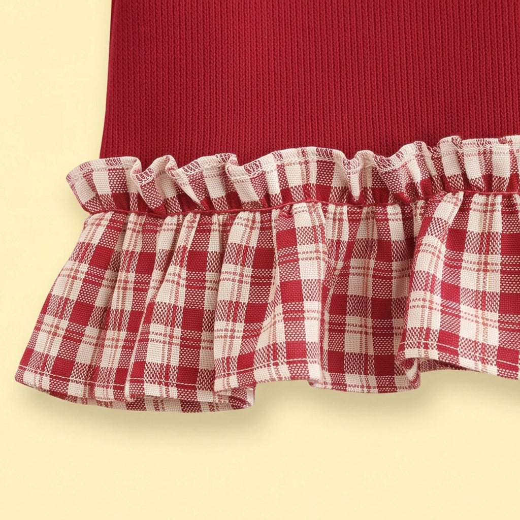 Girls Red Applique Ruffled Top With Denim Pants Sets Sets