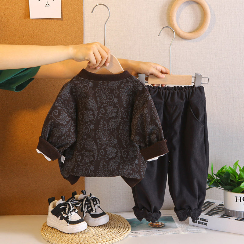 Boys Brown Floral Printed Cardigan With T-Shirt & Joggers Set Sets