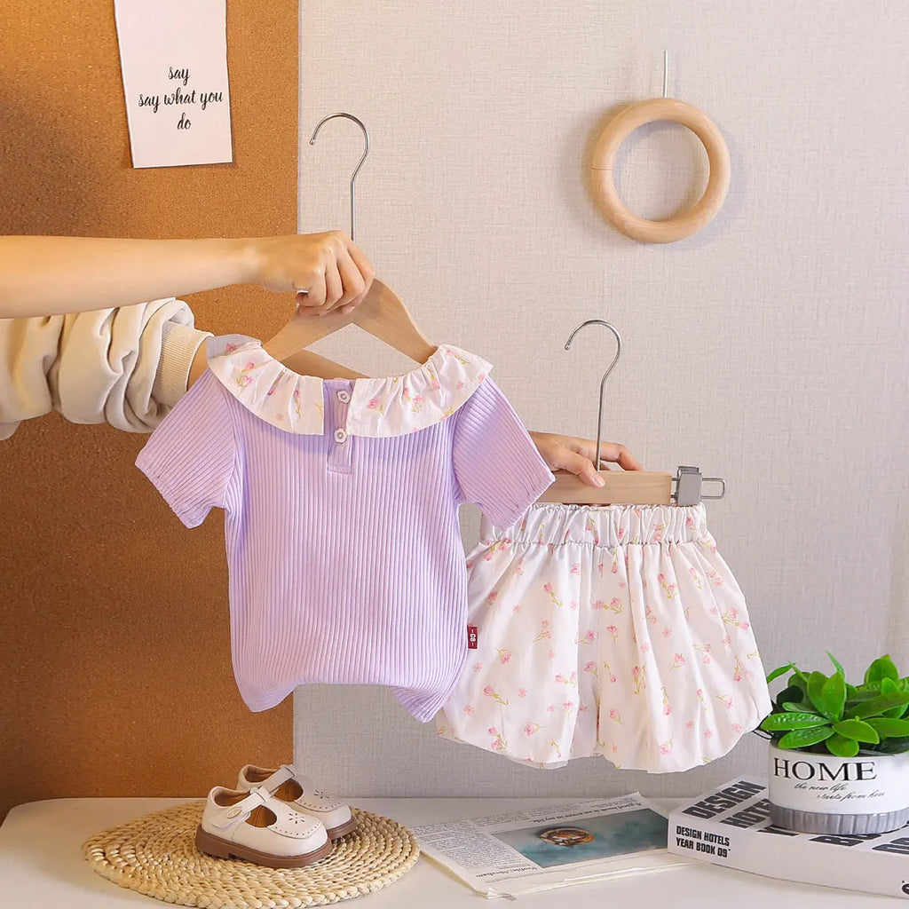 Girls Purple Short Sleeves Top With Printed Shorts Sets Sets