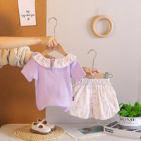 Girls Purple Short Sleeves Top With Printed Shorts Sets Sets