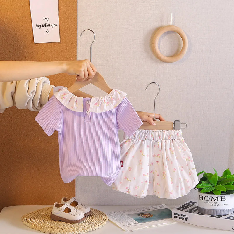 Girls Purple Short Sleeves Top With Printed Shorts Sets Sets