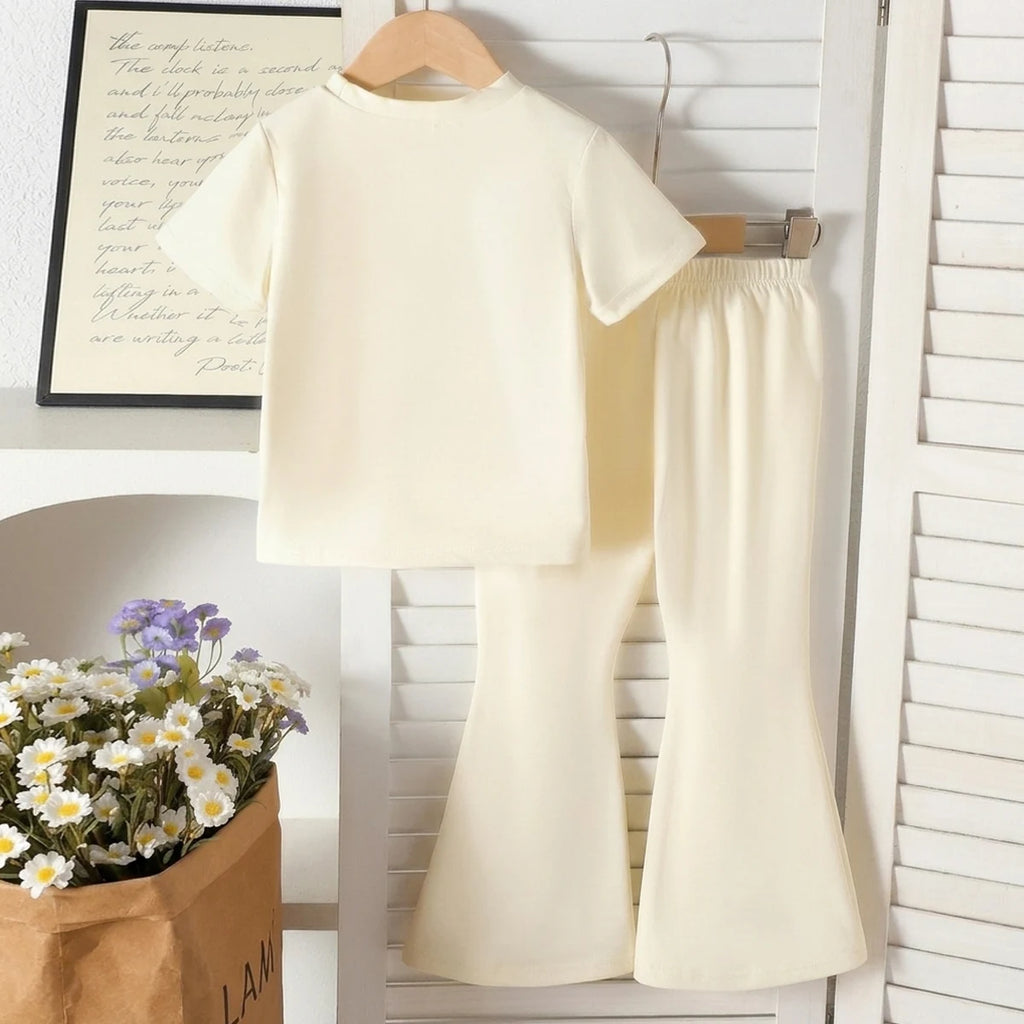Girls Off White Bow Applique Short Sleeve T-Shirt With Flared Pants Sets 2 pc. Sets