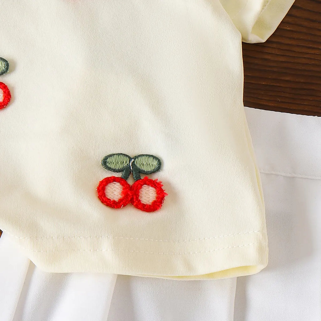 Girls Cream Cherry Embroidered Polo Top With Skirt Sets 2 pc. Sets