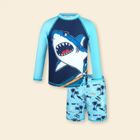 Boys Sky Blue Shark Printed Long Sleeves T-Shirt & Shorts Swimsuit Sets Sets