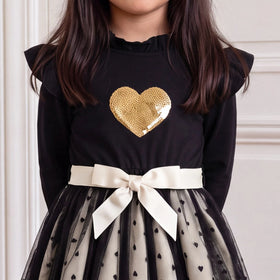 Girls Black Heart Print Long Sleeve Fit & Flare Dress Casual Dresses