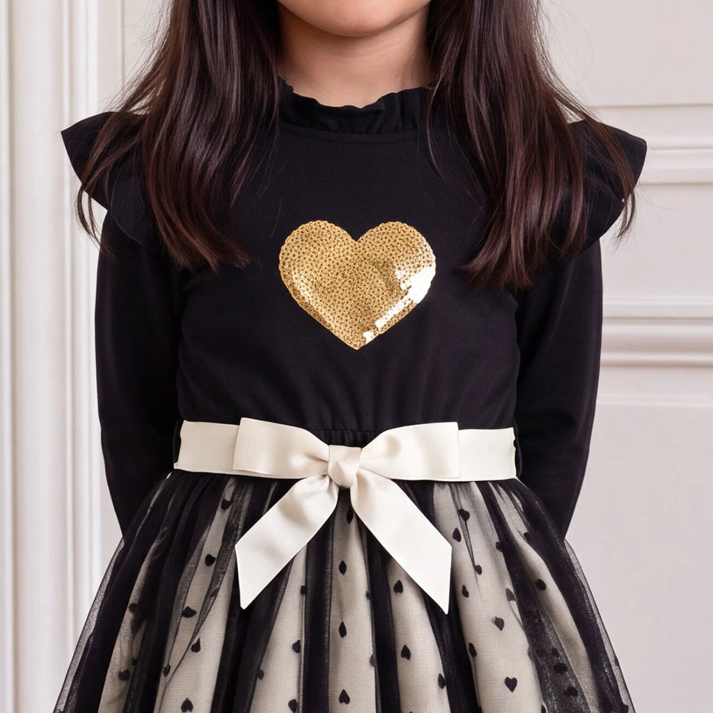 Girls Black Heart Print Long Sleeve Fit & Flare Dress Casual Dresses