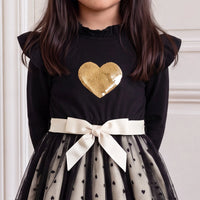 Girls Black Heart Print Long Sleeve Fit & Flare Dress Casual Dresses