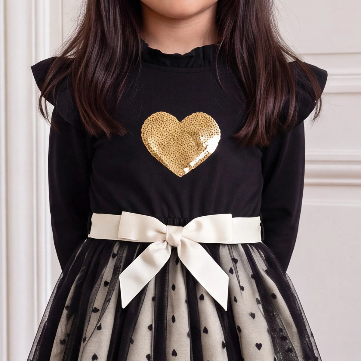 Girls Black Heart Print Long Sleeve Fit & Flare Dress Casual Dresses