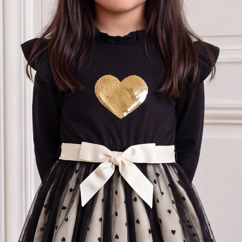 Girls Black Heart Print Long Sleeve Fit & Flare Dress Casual Dresses