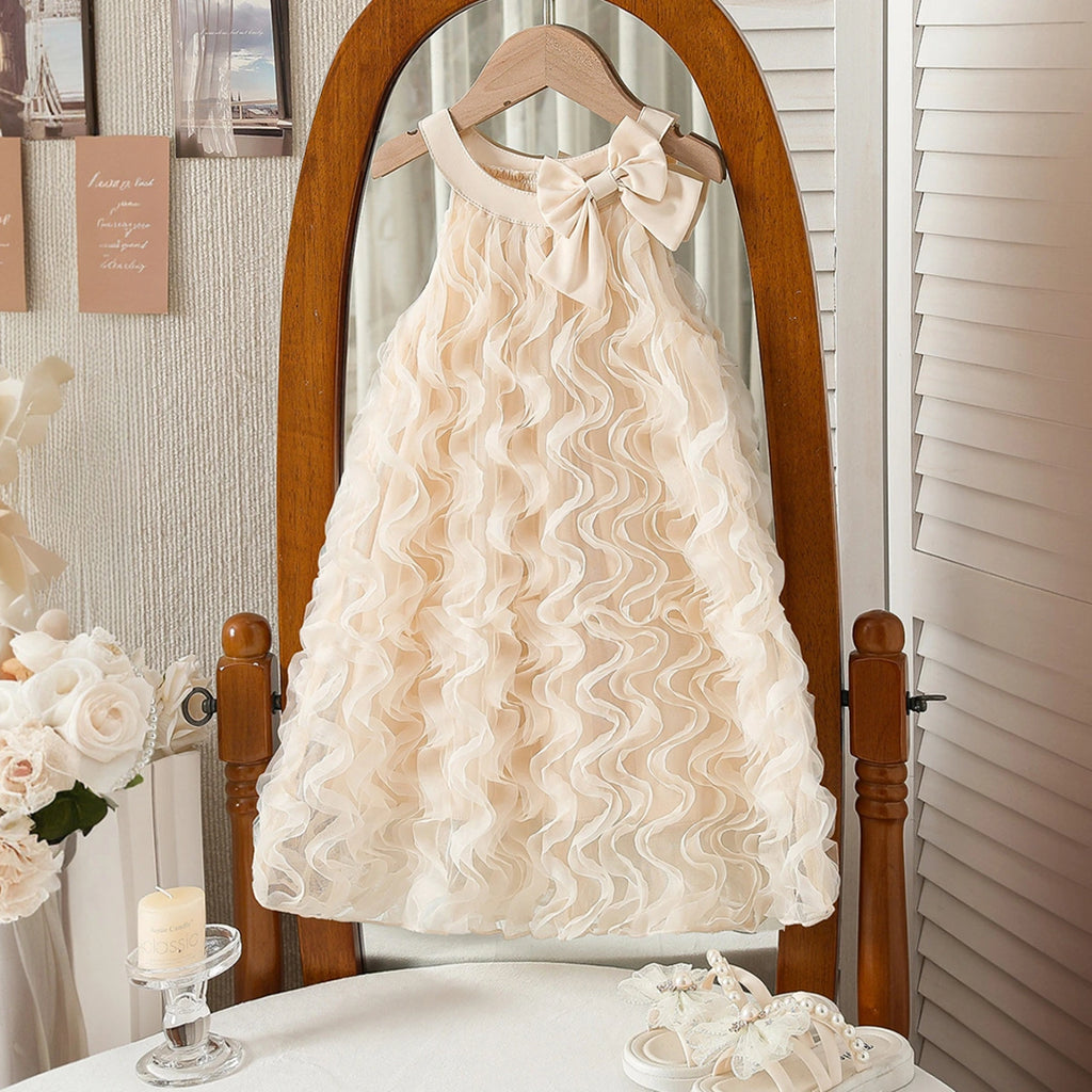 Girls Cream Bow Applique Ruffled Sleeveless A-Line Dress Casual Dresses Cream 2-3 Y