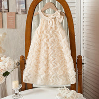 Girls Cream Bow Applique Ruffled Sleeveless A-Line Dress Casual Dresses Cream 2-3 Y