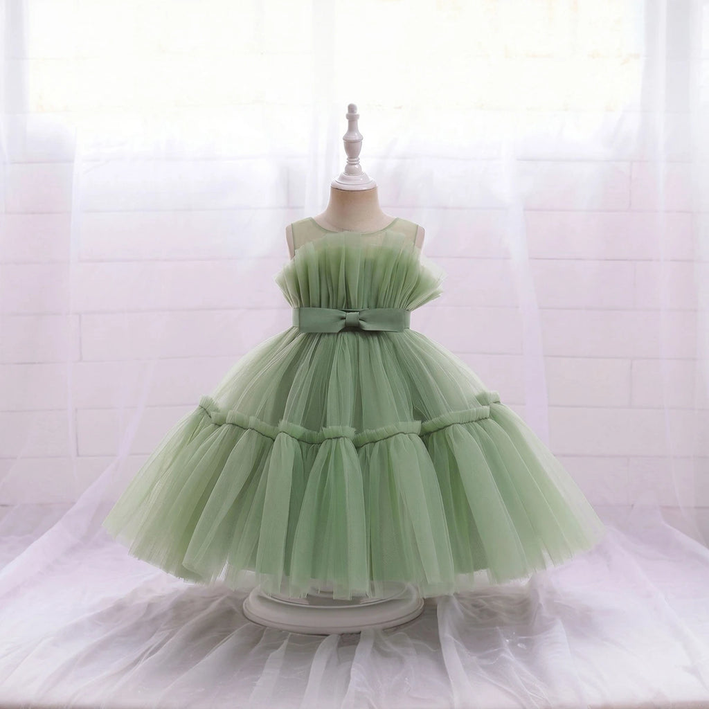 Girls Olive Green Sleeveless Tutu Partywear Dress With Back Bow Party Dresses Green 1-2 Y