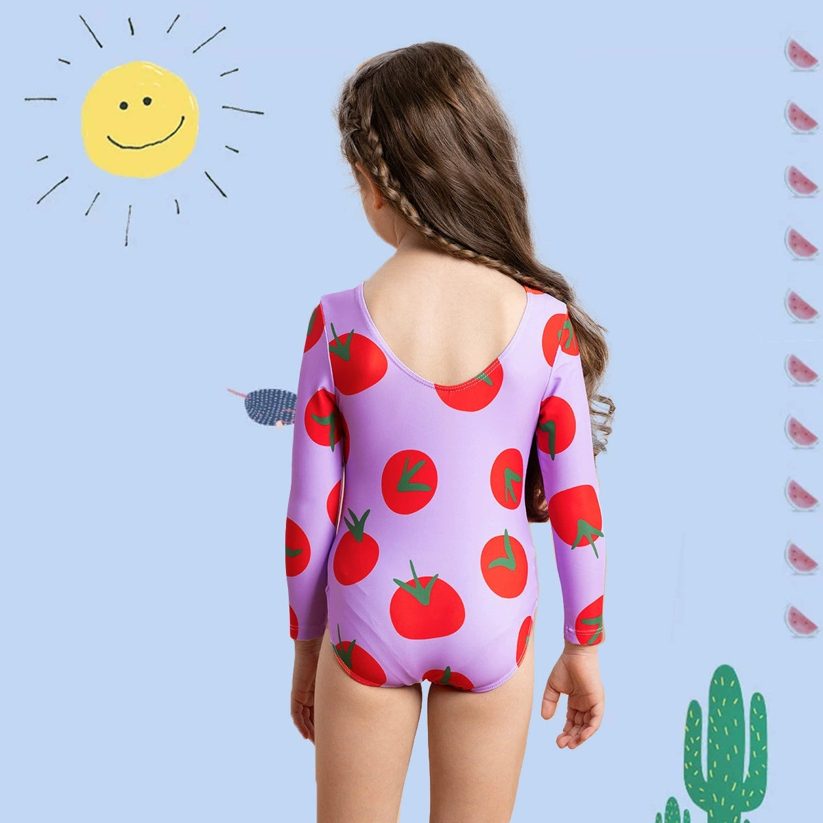 Girls Purple Tomato Print Swimwear Bodysuit Beachwear