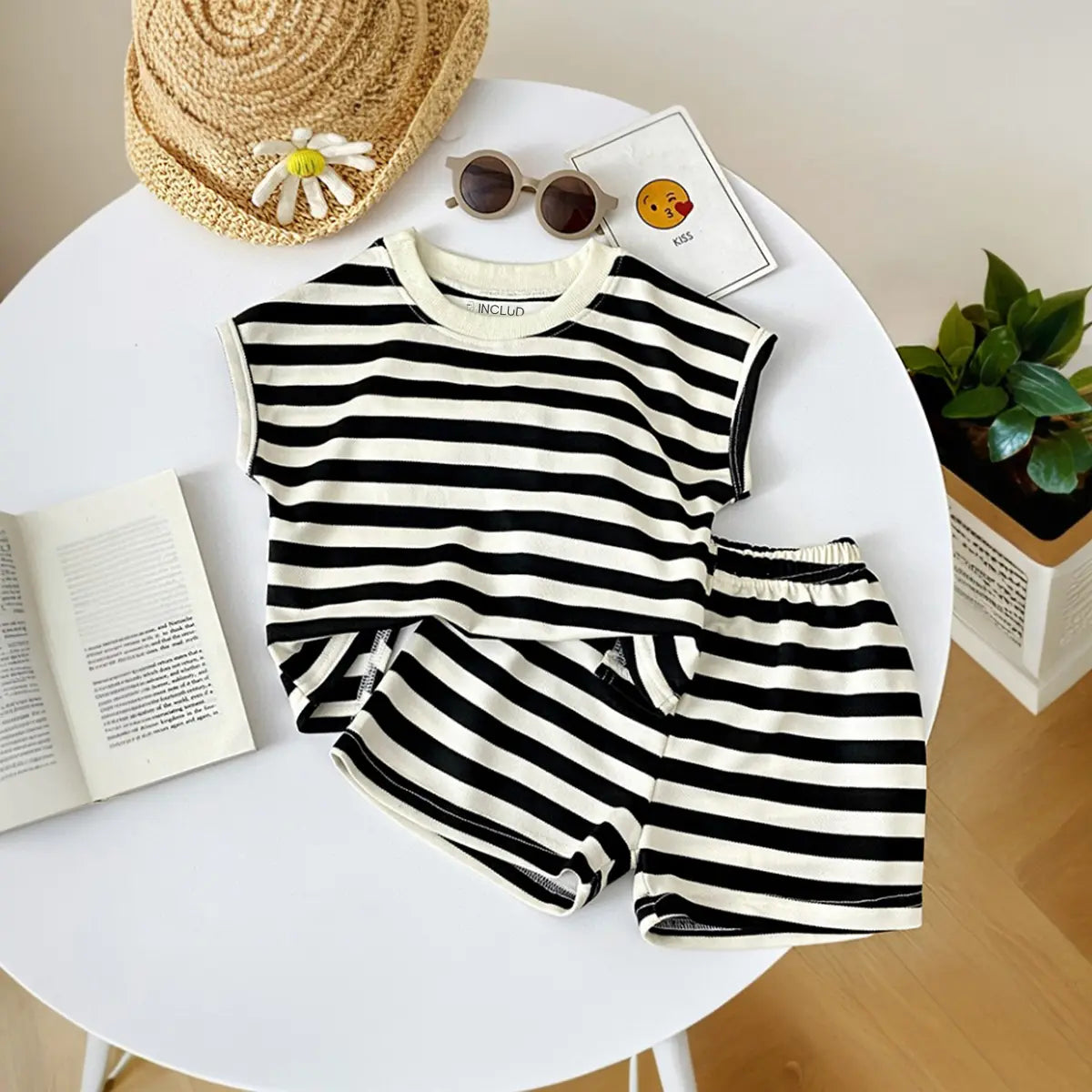 Girls Black Striped Short Sleeve T-Shirt With Elasticated Shorts Sets 2 pc. Sets Black 2-3 Y