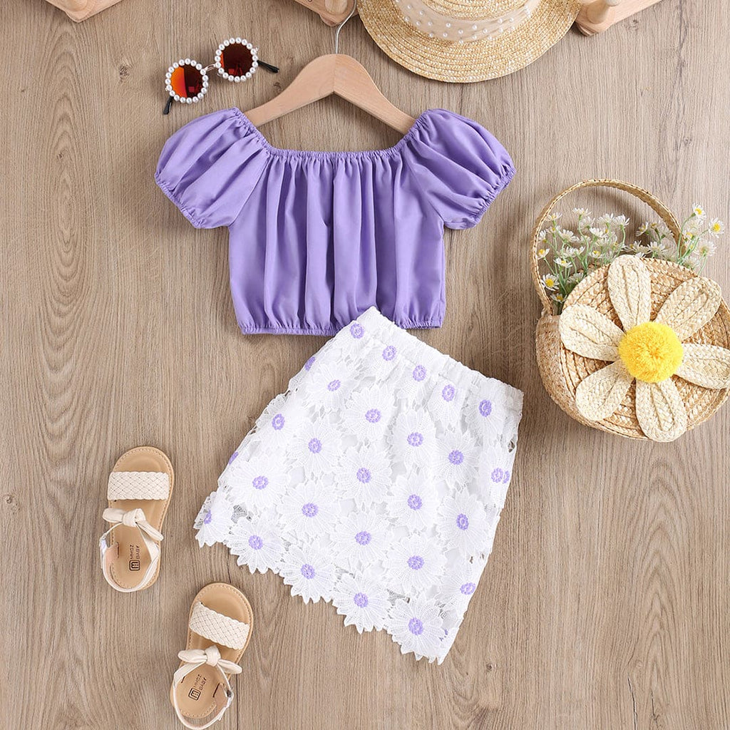 Girls Violet Short Sleeve Crop Top With Lace Skirt Set Sets Violet 1-2 Y 