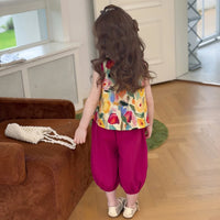 Girls Pink Printed Mandarin Collar Top with Elasticated Balloon Pants Set Sets