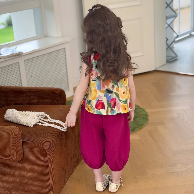 Girls Pink Printed Mandarin Collar Top with Elasticated Balloon Pants Set Sets