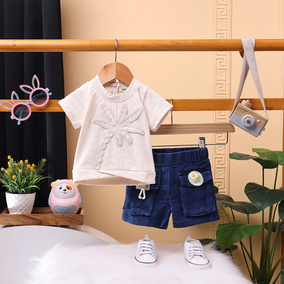 Girls Peach Embroidered Short Sleeve T-Shirt With Denim Shorts Sets 2 pc. Sets Peach 9-12 M