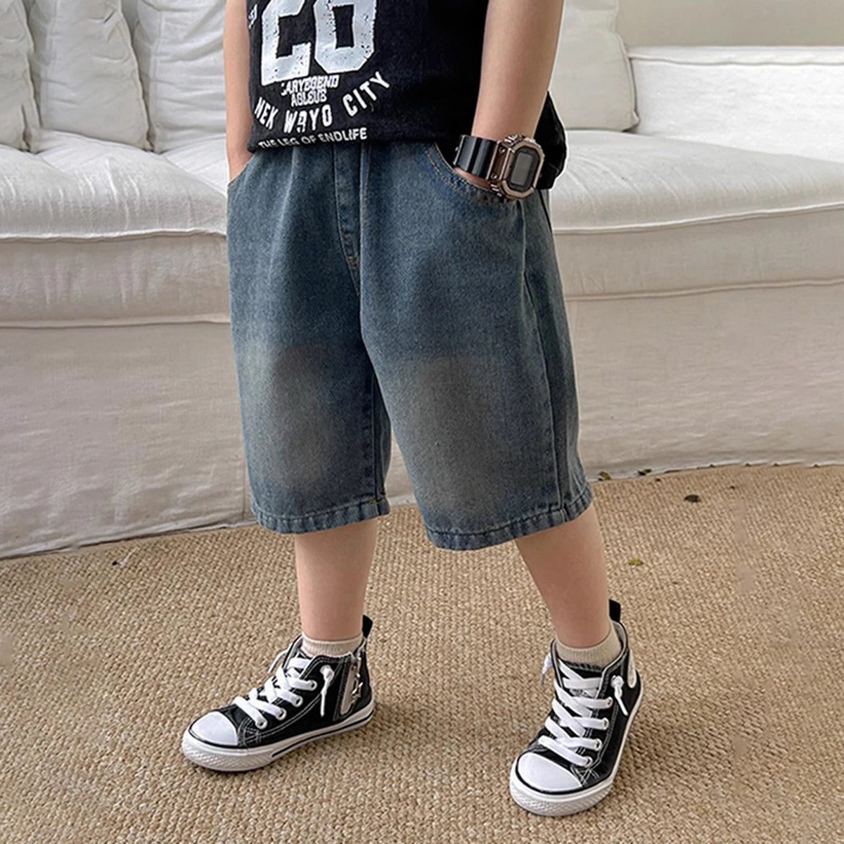 Boys Light Blue Elasticated Waist Denim Shorts with Applique Patch Shorts