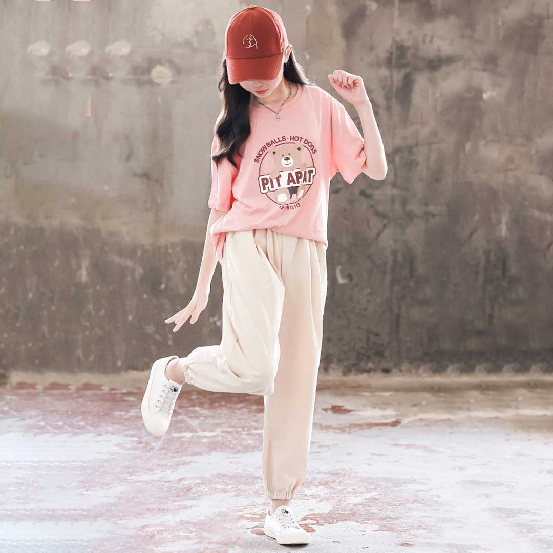 Girls Short Sleeve Teddy Graphic T-Shirt With Pants Set 2 pc. Sets Pink 5-6 Y 