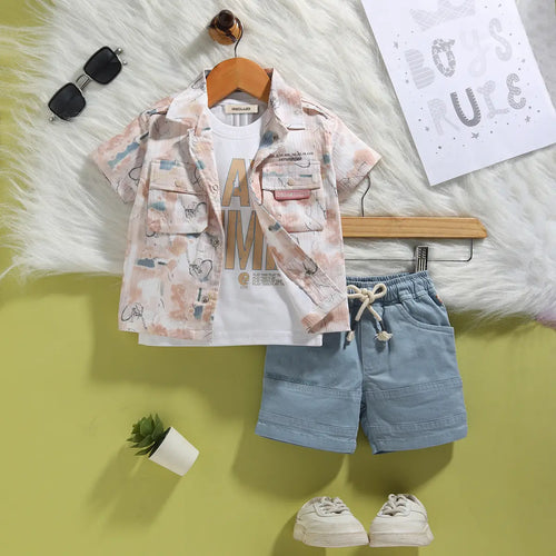 Boys Brown Abstract Printed Shirt With Shorts & T-Shirt Sets Sets Brown 6-12 M