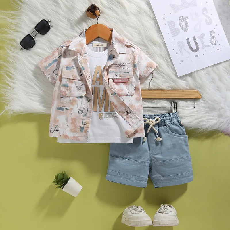 Boys Brown Abstract Printed Shirt With Shorts & T-Shirt Sets Sets Brown 6-12 M