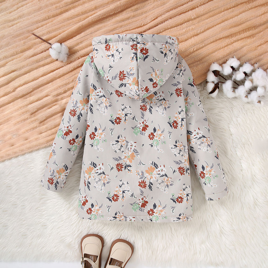 Girls Grey Floral Printed Hooded Front Open Winter Jacket Coats & Jackets