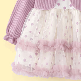 Girls Purple Polka Dot Print Long Sleeve Flared Dress Casual Dresses