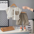 Boys Geometric Pattern Collarless Shirt With Grey Shorts Set Sets Grey 1-2 Y