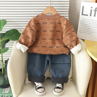 Boys Brown Printed Regular Sweatshirt With Denim Trousers Sets 2 pc. Sets