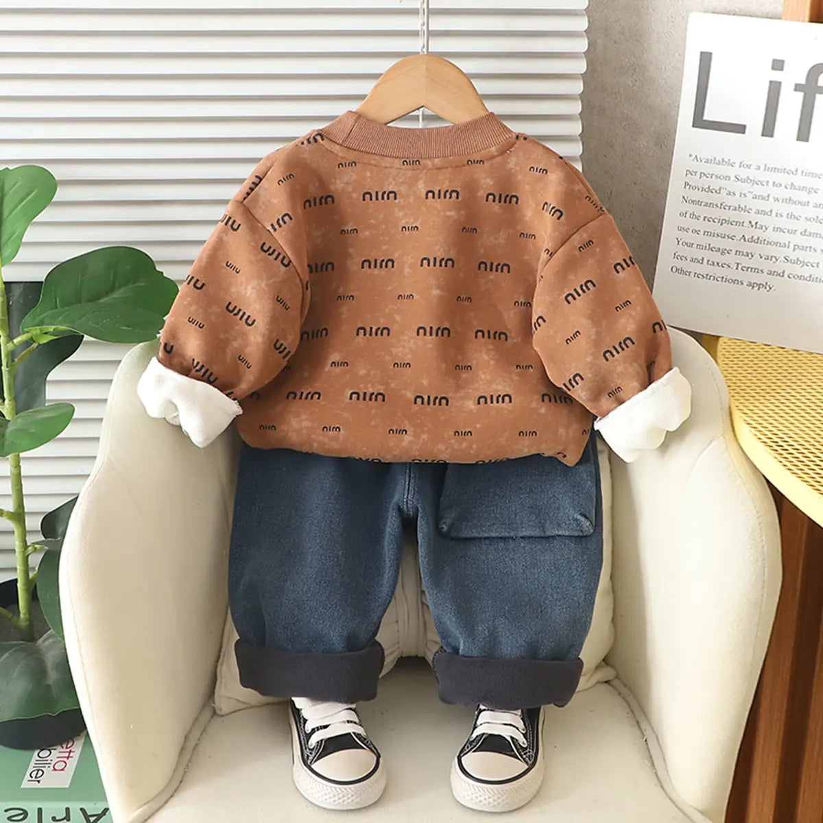Boys Brown Printed Regular Sweatshirt With Denim Trousers Sets 2 pc. Sets