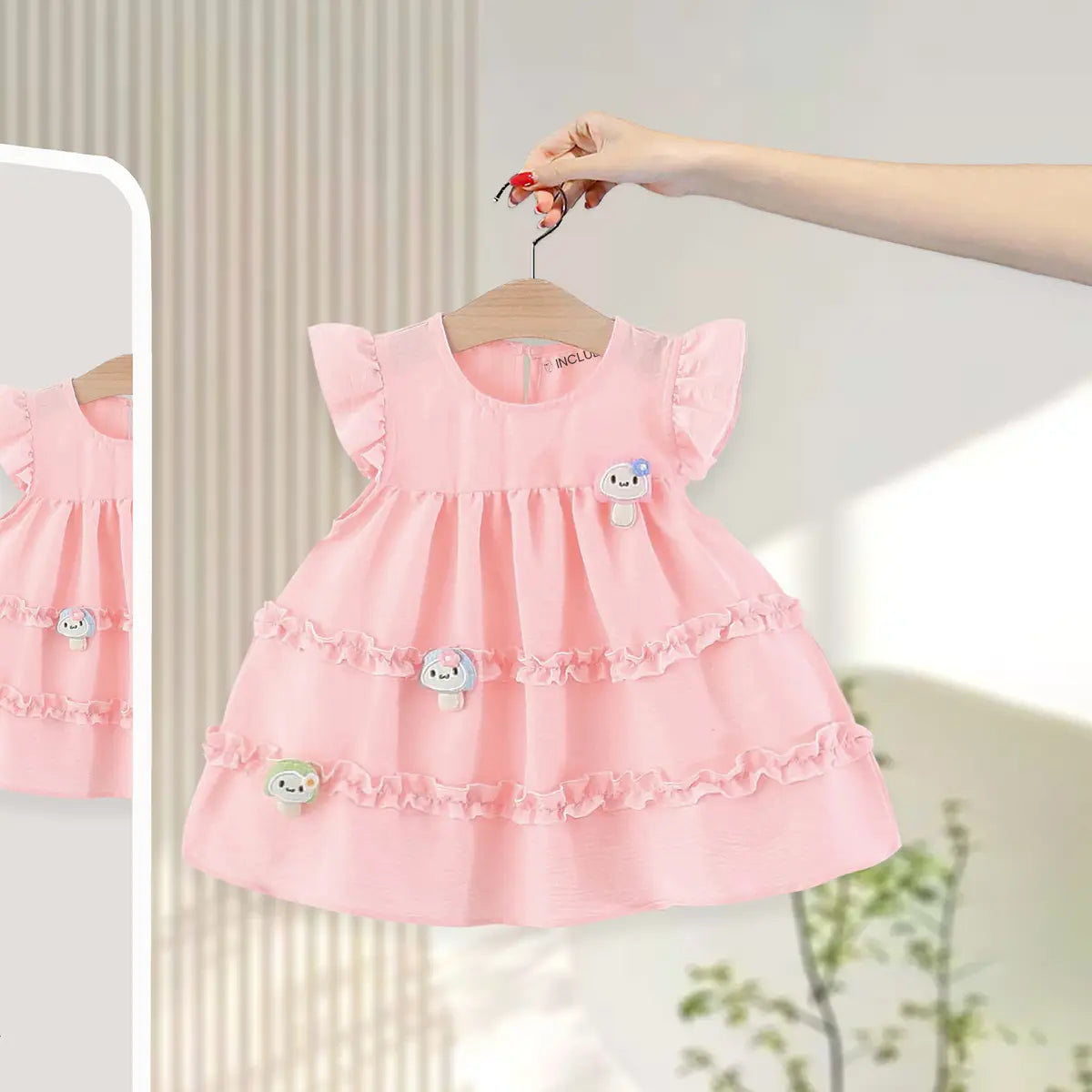 Girls Light Pink Mushroom Applique Round Neck Tiered Dress Casual Dresses Light Pink 1-2 Y