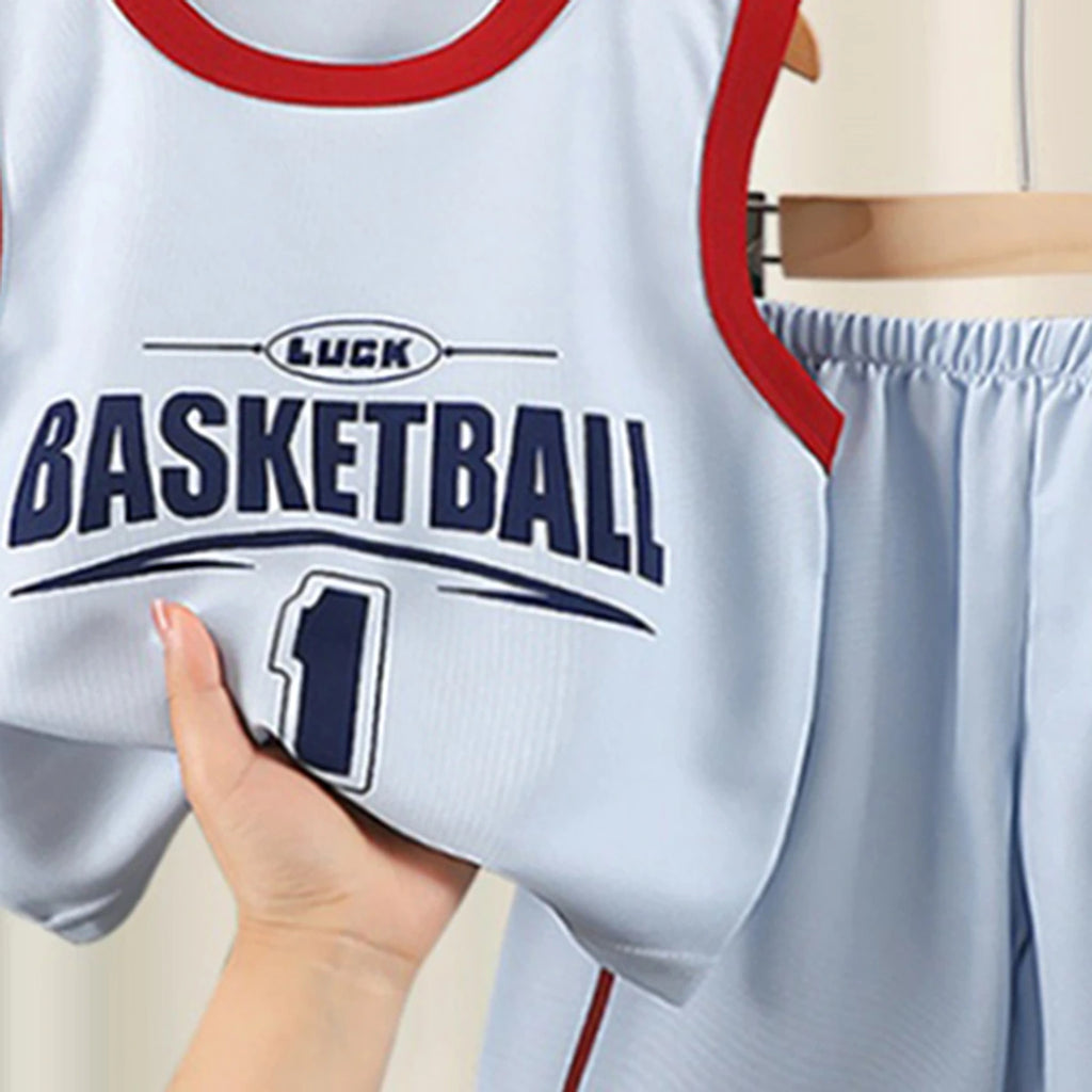 Boys Light Blue Sleeveless Basketball Typography T-Shirt With Shorts Sets 2 pc. Sets