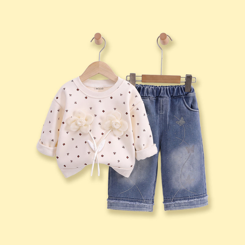 Girls Apricot Floral Sweatshirt & Denim Pants Sets Sets Apricot 1-2 Y