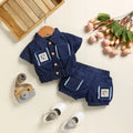 Boys Dark Blue Applique Denim Shirt With Elasticated Shorts Sets 2 pc. Sets Dark Blue 9-12 M