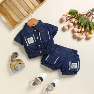 Boys Dark Blue Applique Denim Shirt With Elasticated Shorts Sets 2 pc. Sets Dark Blue 9-12 M