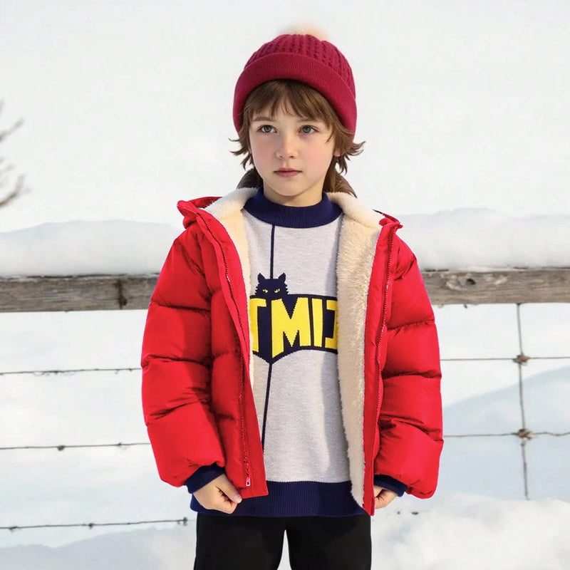 Boys Red Hooded Puffer Jacket With Sherpa Fleece Lining Coats & Jackets
