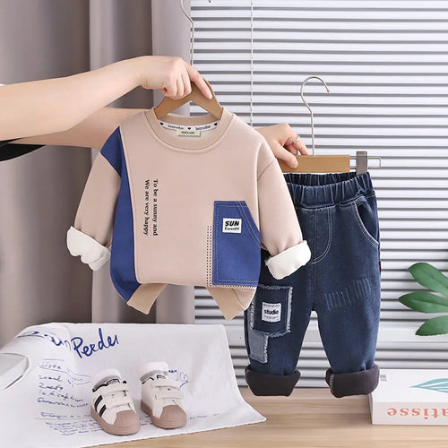 Boys Khaki Typographic Printed Sweatshirt With Denim Pants Set Sets Khaki 1-2 Y