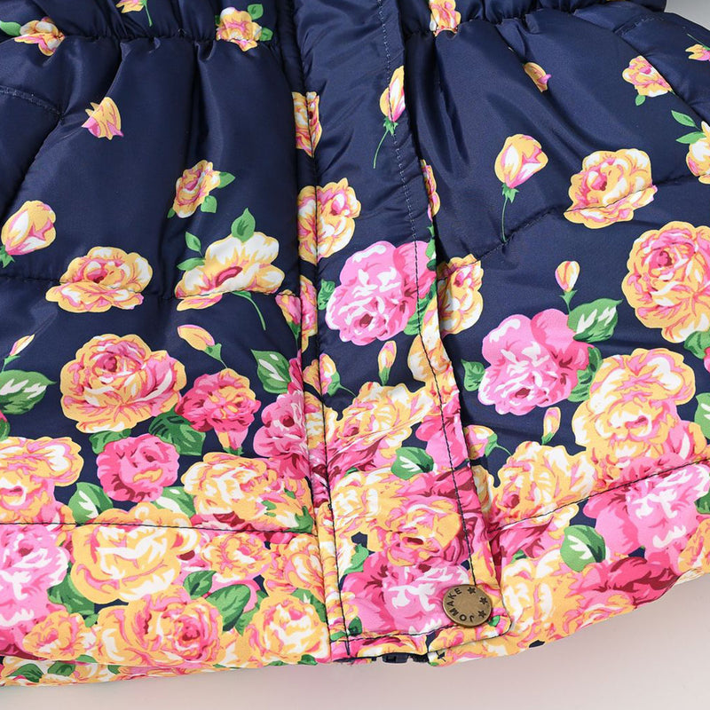 Girls Navy Blue Rose Printed Hooded Puffer Jacket Coats & Jackets