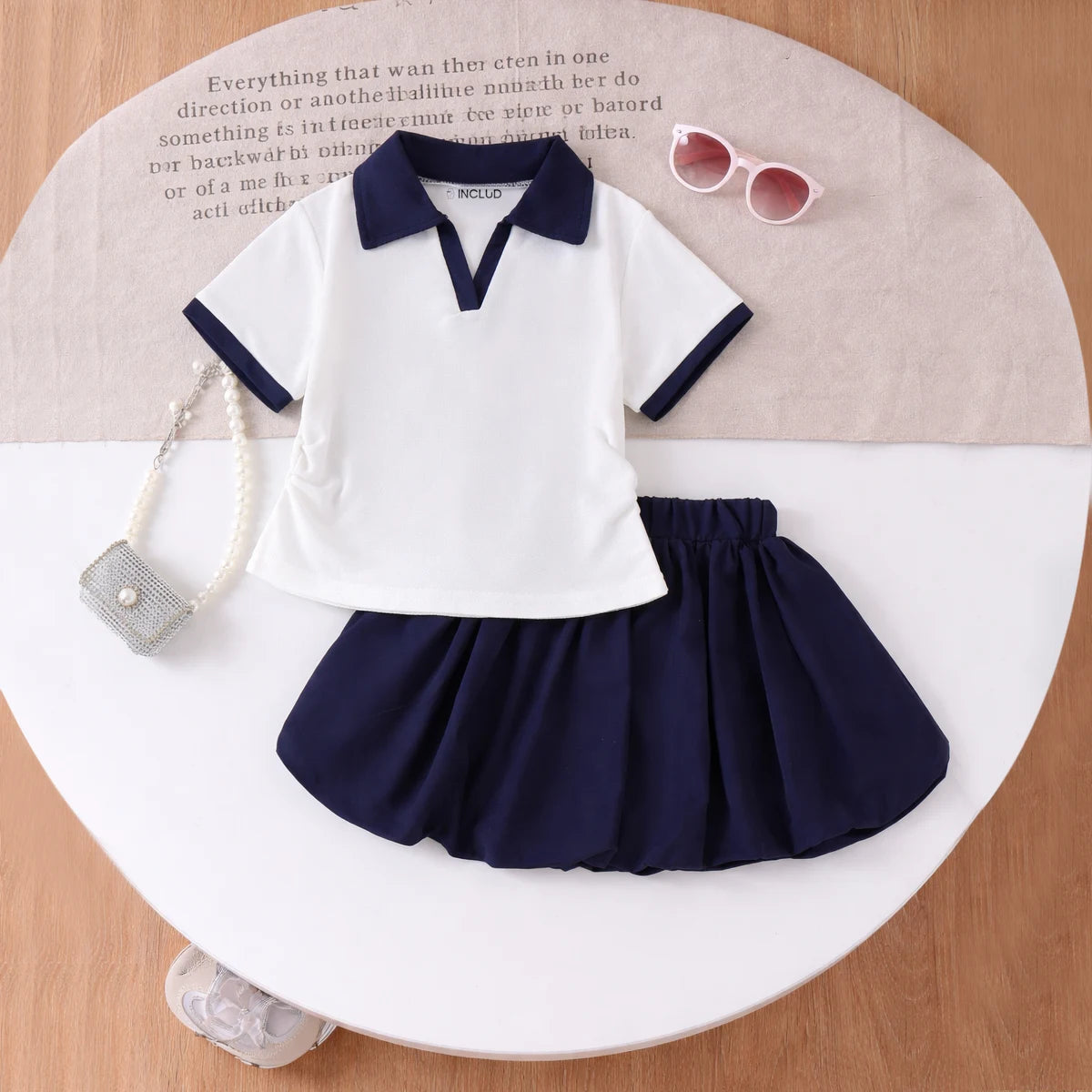 Girls White Short Sleeve Polo Top With Skirt Sets 2 pc. Sets White 3-4 Y