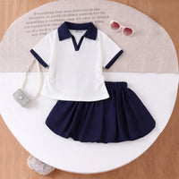 Girls White Short Sleeve Polo Top With Skirt Sets 2 pc. Sets White 3-4 Y