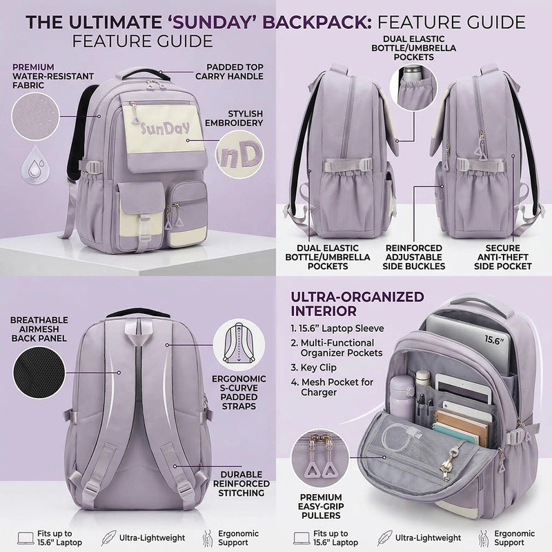 Girls Lilac Multi-Pocket School Backpack Trending Accessories